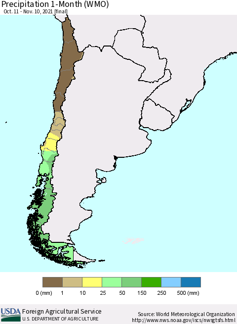 Chile Precipitation 1-Month (WMO) Thematic Map For 10/11/2021 - 11/10/2021