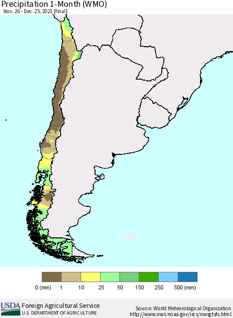 Chile Precipitation 1-Month (WMO) Thematic Map For 11/26/2021 - 12/25/2021