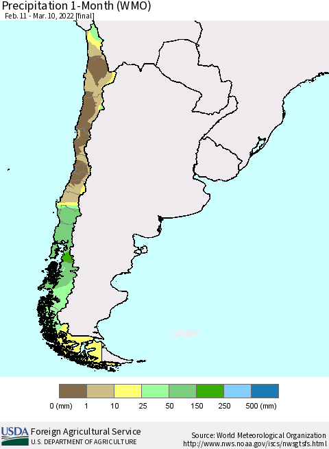 Chile Precipitation 1-Month (WMO) Thematic Map For 2/11/2022 - 3/10/2022