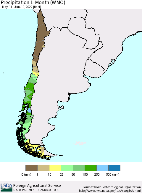 Chile Precipitation 1-Month (WMO) Thematic Map For 5/11/2022 - 6/10/2022