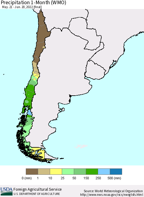 Chile Precipitation 1-Month (WMO) Thematic Map For 5/21/2022 - 6/20/2022