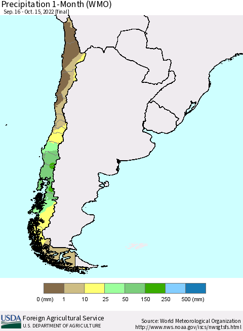 Chile Precipitation 1-Month (WMO) Thematic Map For 9/16/2022 - 10/15/2022