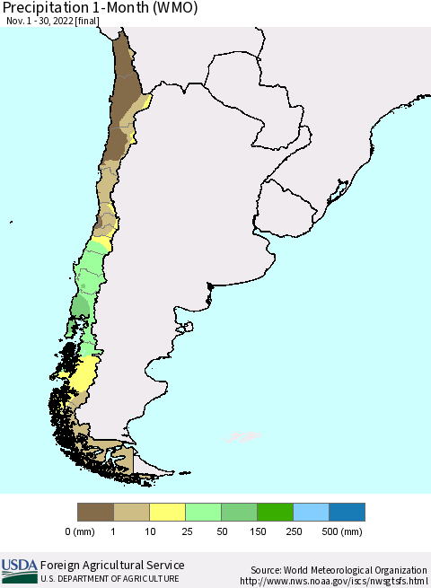 Chile Precipitation 1-Month (WMO) Thematic Map For 11/1/2022 - 11/30/2022