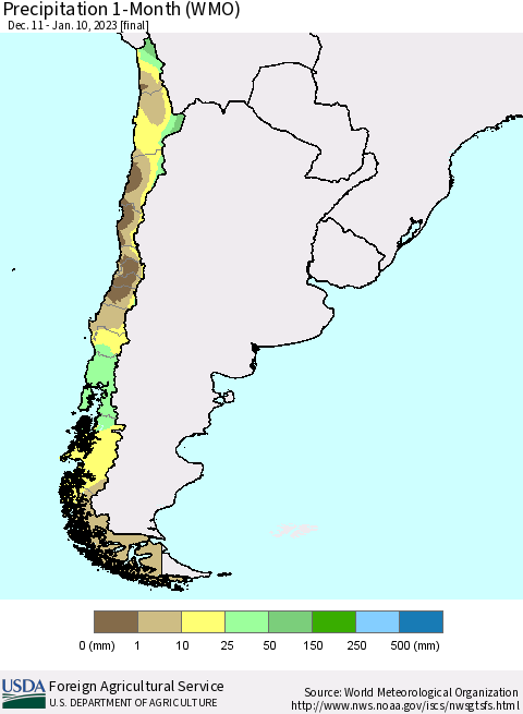 Chile Precipitation 1-Month (WMO) Thematic Map For 12/11/2022 - 1/10/2023