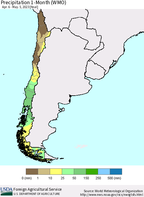 Chile Precipitation 1-Month (WMO) Thematic Map For 4/6/2023 - 5/5/2023