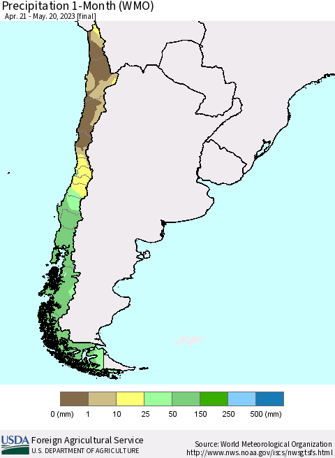 Chile Precipitation 1-Month (WMO) Thematic Map For 4/21/2023 - 5/20/2023