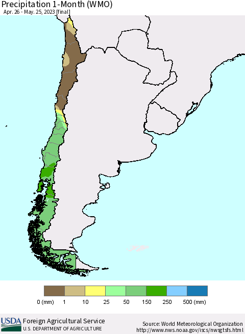 Chile Precipitation 1-Month (WMO) Thematic Map For 4/26/2023 - 5/25/2023