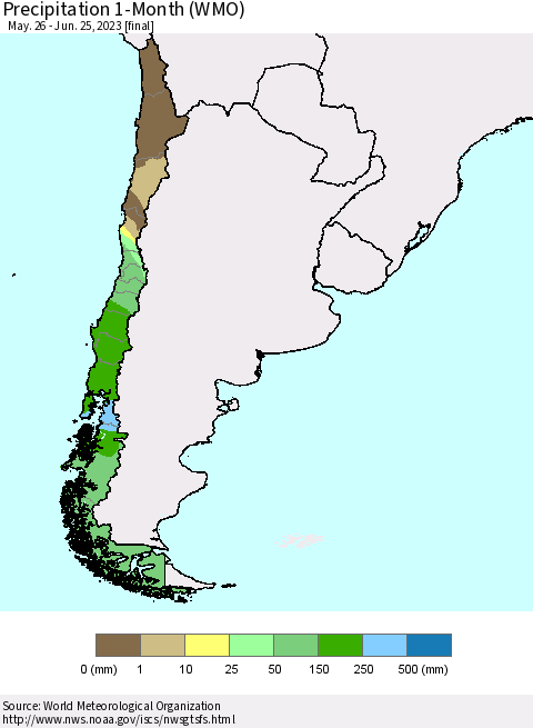 Chile Precipitation 1-Month (WMO) Thematic Map For 5/26/2023 - 6/25/2023