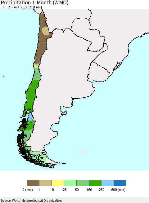 Chile Precipitation 1-Month (WMO) Thematic Map For 7/26/2023 - 8/25/2023