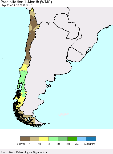 Chile Precipitation 1-Month (WMO) Thematic Map For 9/21/2023 - 10/20/2023