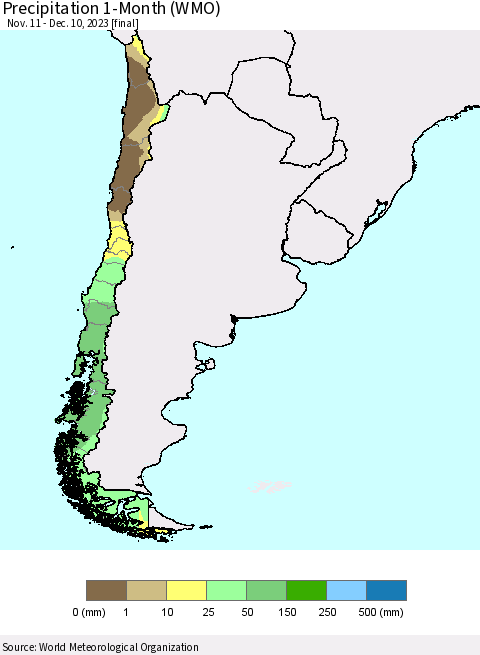 Chile Precipitation 1-Month (WMO) Thematic Map For 11/11/2023 - 12/10/2023