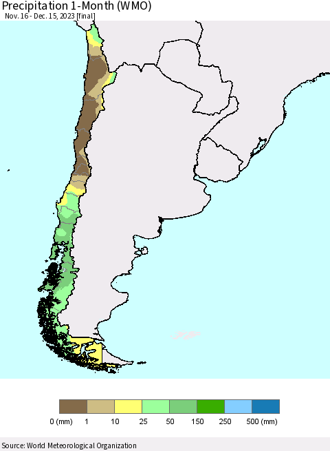 Chile Precipitation 1-Month (WMO) Thematic Map For 11/16/2023 - 12/15/2023