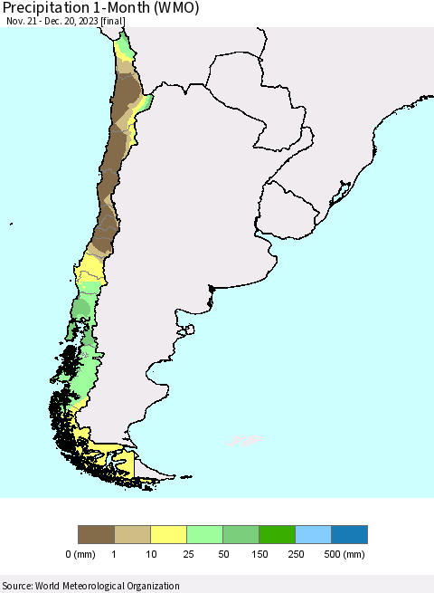 Chile Precipitation 1-Month (WMO) Thematic Map For 11/21/2023 - 12/20/2023