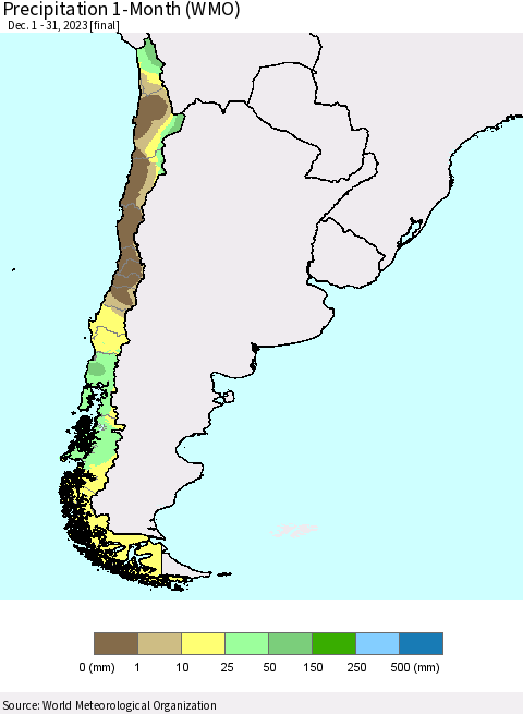 Chile Precipitation 1-Month (WMO) Thematic Map For 12/1/2023 - 12/31/2023