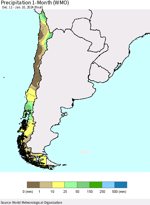 Chile Precipitation 1-Month (WMO) Thematic Map For 12/11/2023 - 1/10/2024