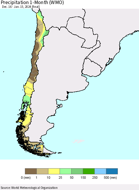 Chile Precipitation 1-Month (WMO) Thematic Map For 12/16/2023 - 1/15/2024