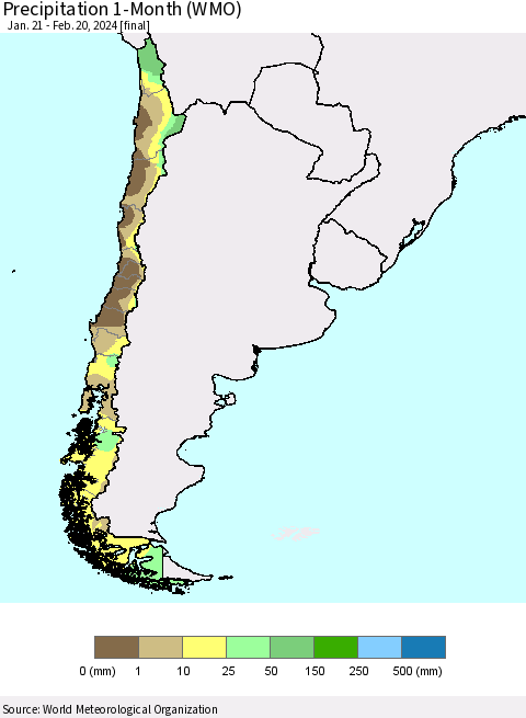 Chile Precipitation 1-Month (WMO) Thematic Map For 1/21/2024 - 2/20/2024