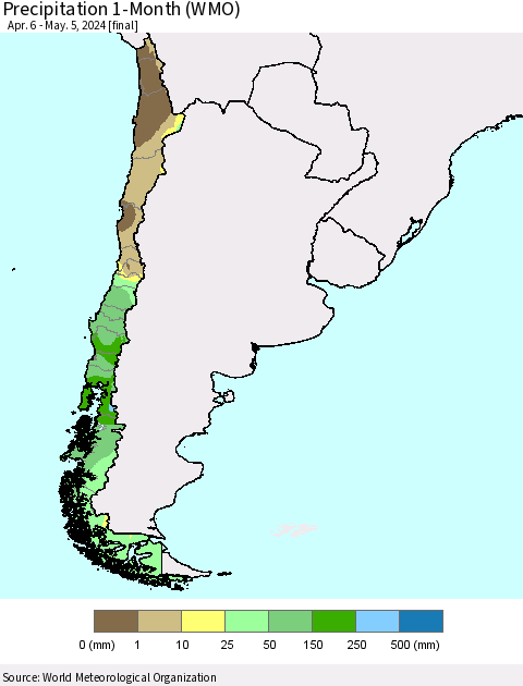 Chile Precipitation 1-Month (WMO) Thematic Map For 4/6/2024 - 5/5/2024