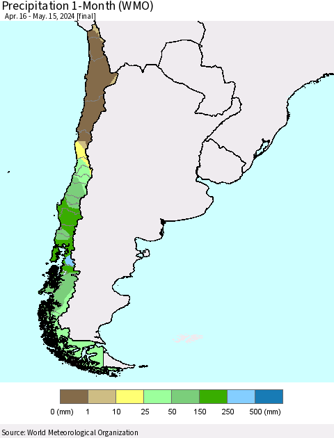 Chile Precipitation 1-Month (WMO) Thematic Map For 4/16/2024 - 5/15/2024
