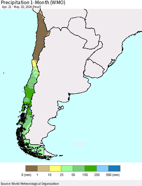 Chile Precipitation 1-Month (WMO) Thematic Map For 4/21/2024 - 5/20/2024