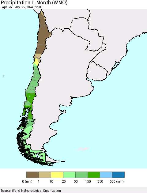 Chile Precipitation 1-Month (WMO) Thematic Map For 4/26/2024 - 5/25/2024