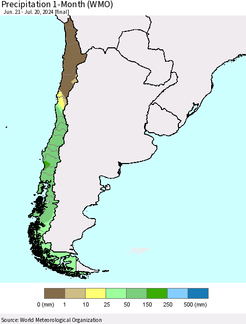 Chile Precipitation 1-Month (WMO) Thematic Map For 6/21/2024 - 7/20/2024