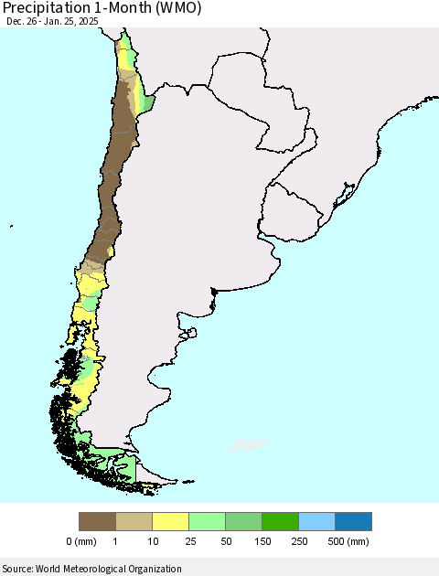 Chile Precipitation 1-Month (WMO) Thematic Map For 12/26/2024 - 1/25/2025