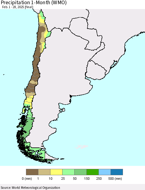 Chile Precipitation 1-Month (WMO) Thematic Map For 2/1/2025 - 2/28/2025