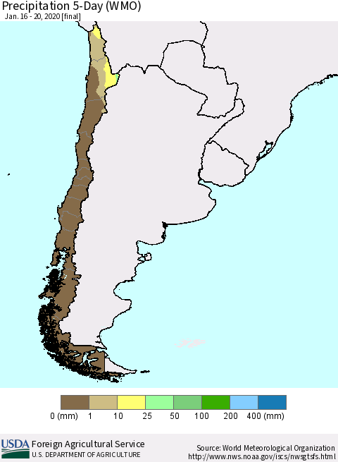 Chile Precipitation 5-Day (WMO) Thematic Map For 1/16/2020 - 1/20/2020