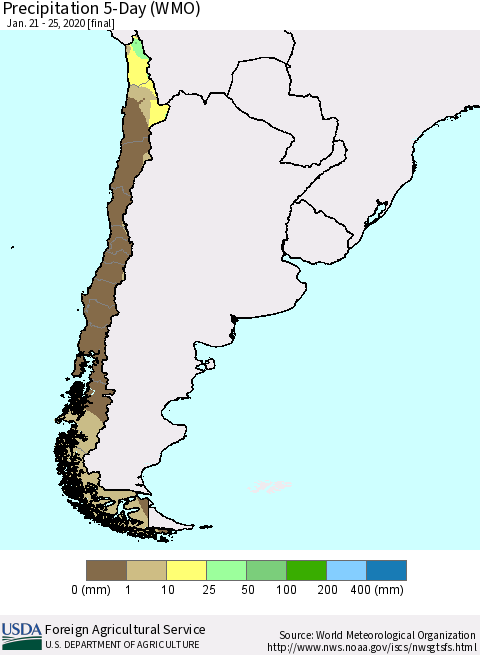 Chile Precipitation 5-Day (WMO) Thematic Map For 1/21/2020 - 1/25/2020