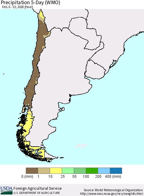Chile Precipitation 5-Day (WMO) Thematic Map For 2/6/2020 - 2/10/2020