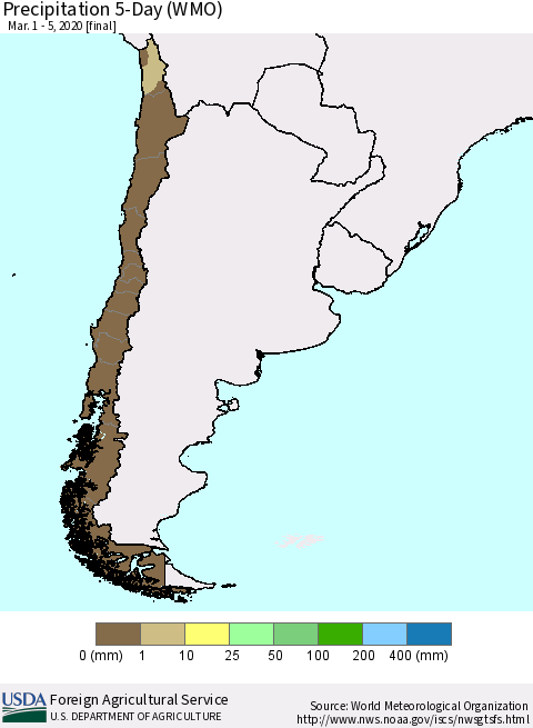 Chile Precipitation 5-Day (WMO) Thematic Map For 3/1/2020 - 3/5/2020