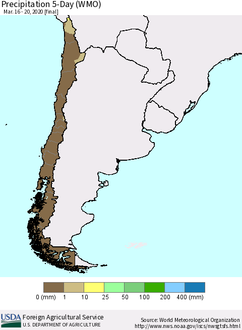 Chile Precipitation 5-Day (WMO) Thematic Map For 3/16/2020 - 3/20/2020