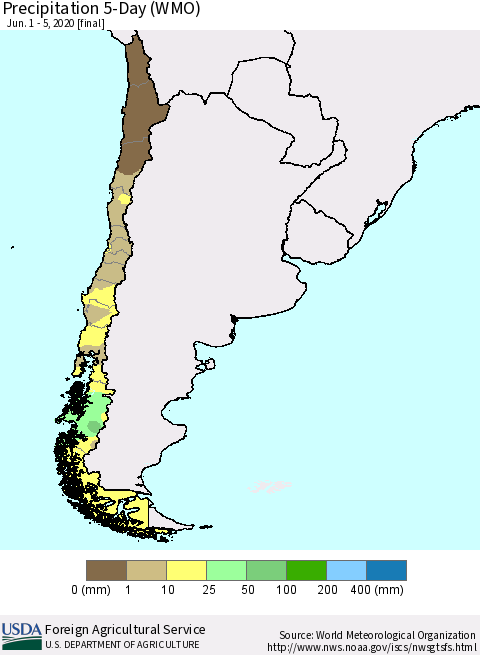 Chile Precipitation 5-Day (WMO) Thematic Map For 6/1/2020 - 6/5/2020