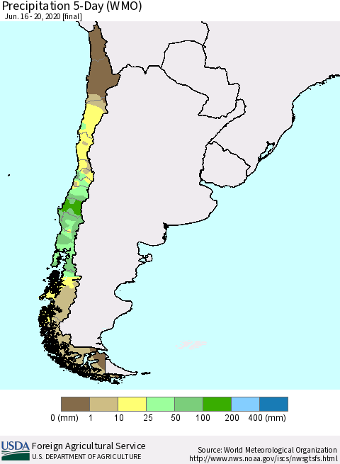 Chile Precipitation 5-Day (WMO) Thematic Map For 6/16/2020 - 6/20/2020