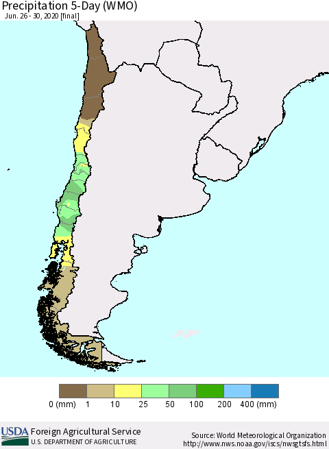 Chile Precipitation 5-Day (WMO) Thematic Map For 6/26/2020 - 6/30/2020