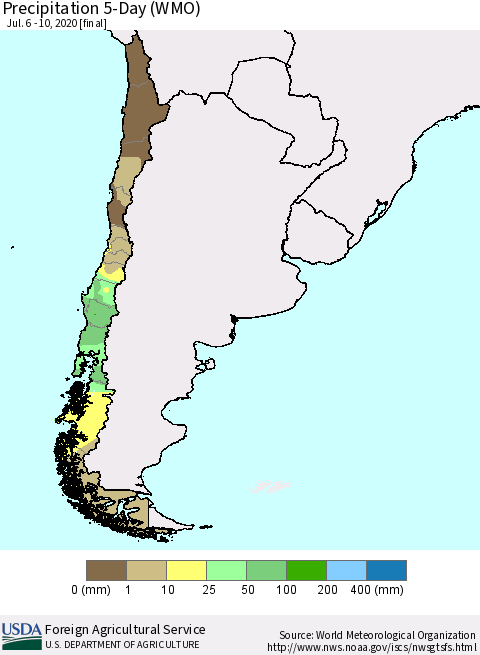 Chile Precipitation 5-Day (WMO) Thematic Map For 7/6/2020 - 7/10/2020
