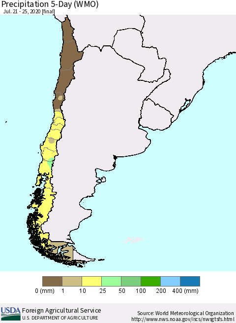 Chile Precipitation 5-Day (WMO) Thematic Map For 7/21/2020 - 7/25/2020