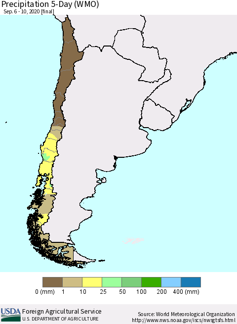 Chile Precipitation 5-Day (WMO) Thematic Map For 9/6/2020 - 9/10/2020