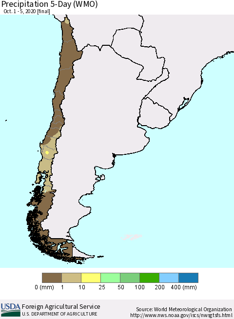 Chile Precipitation 5-Day (WMO) Thematic Map For 10/1/2020 - 10/5/2020