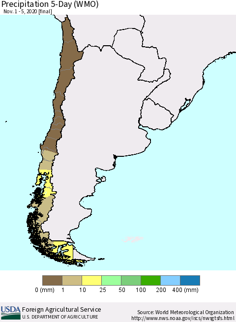 Chile Precipitation 5-Day (WMO) Thematic Map For 11/1/2020 - 11/5/2020