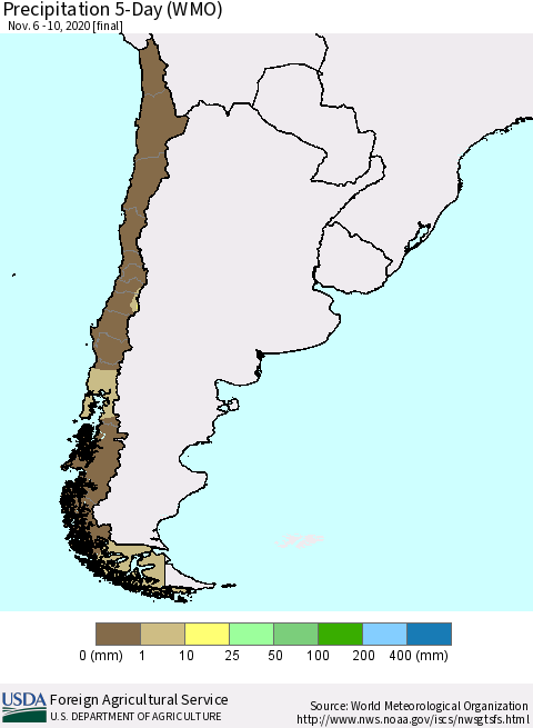 Chile Precipitation 5-Day (WMO) Thematic Map For 11/6/2020 - 11/10/2020