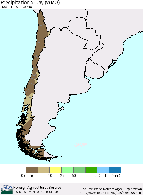Chile Precipitation 5-Day (WMO) Thematic Map For 11/11/2020 - 11/15/2020