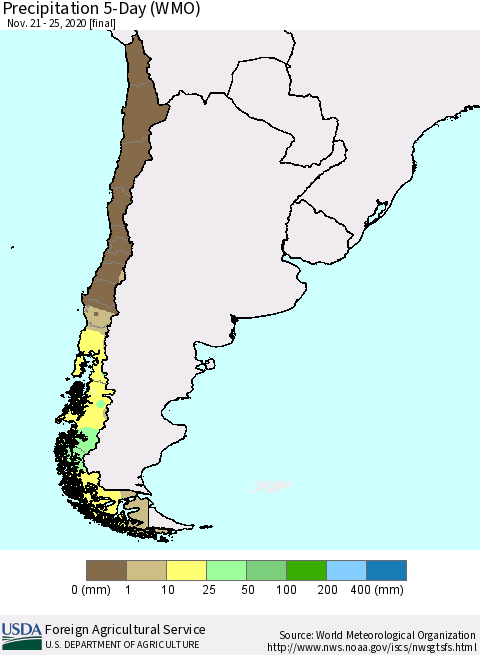 Chile Precipitation 5-Day (WMO) Thematic Map For 11/21/2020 - 11/25/2020