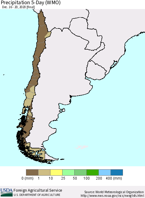 Chile Precipitation 5-Day (WMO) Thematic Map For 12/16/2020 - 12/20/2020