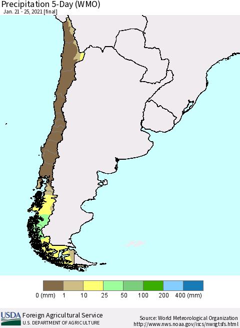 Chile Precipitation 5-Day (WMO) Thematic Map For 1/21/2021 - 1/25/2021