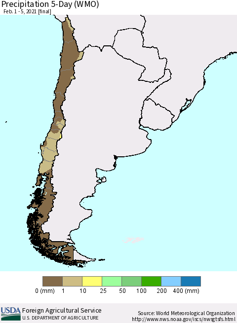 Chile Precipitation 5-Day (WMO) Thematic Map For 2/1/2021 - 2/5/2021