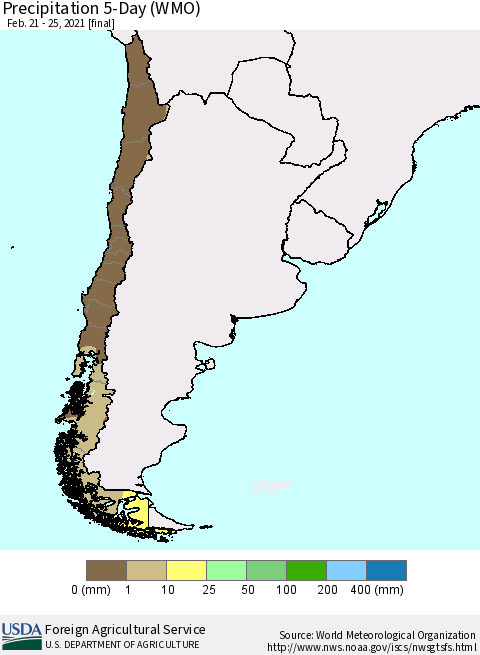 Chile Precipitation 5-Day (WMO) Thematic Map For 2/21/2021 - 2/25/2021