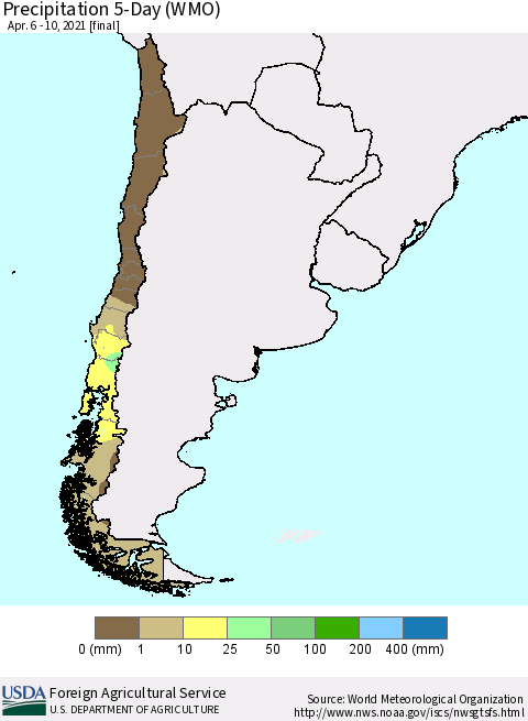 Chile Precipitation 5-Day (WMO) Thematic Map For 4/6/2021 - 4/10/2021