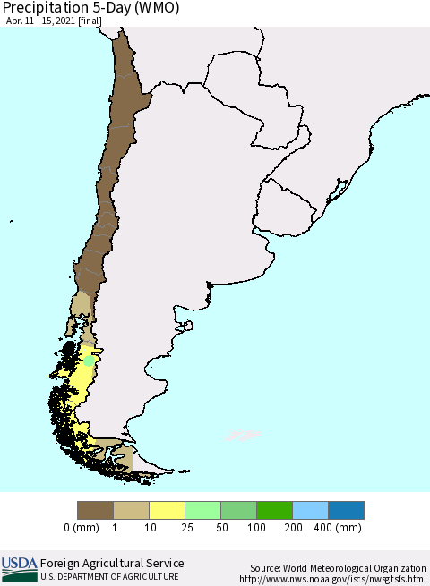 Chile Precipitation 5-Day (WMO) Thematic Map For 4/11/2021 - 4/15/2021